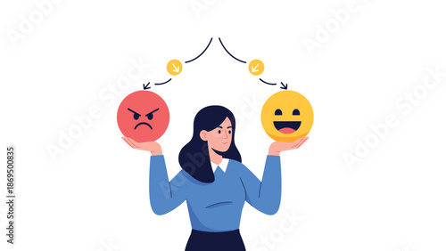 Woman managing her emotions, balancing a happy smiling emoji and an angry face emoji, representing mood swings or mental health.