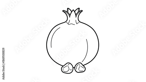 Simple black and white line art illustration of a whole pomegranate fruit with its seeds, suitable for a coloring book page.