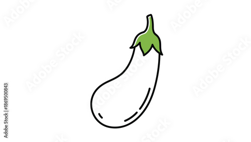 Minimalist and cute illustration of a single white eggplant or aubergine with a green stem, in a simple colored outline style.