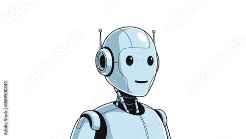 Portrait of a friendly and simple humanoid robot with a slight smile, representing artificial intelligence, technology, and the future.
