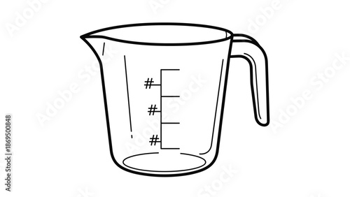 Kitchen measuring cup with a handle and measurement marks, shown in a simple black and white outline style for culinary designs.