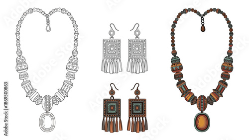 Bohemian style jewelry set with a beaded necklace and tassel earrings, shown in both a colored version and a line art outline.