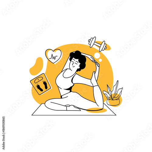 Yoga and stretching exercise at home for healthy lifestyle in flat outline illustration style