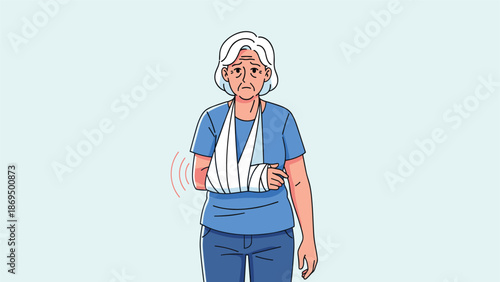 Elderly woman with a sad expression, her injured arm and wrist in a cast and sling due to a fracture or accident.