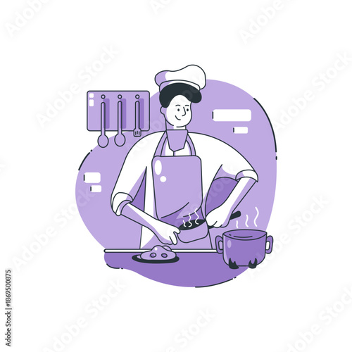 Home cooking activity with kitchen utensils in flat outline illustration style