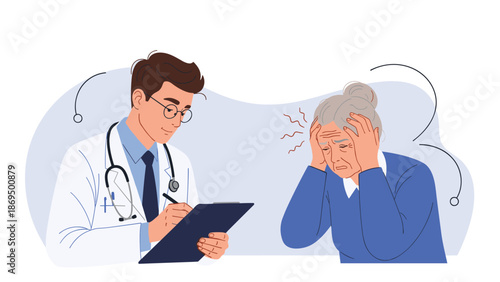 Elderly woman suffering from a severe headache or migraine, clutching her head in pain during a consultation with her male doctor.