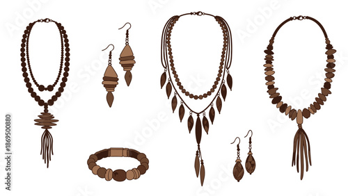 Collection of hand-drawn wooden jewelry in a bohemian or rustic style, including necklaces, earrings, and a bracelet with beads.