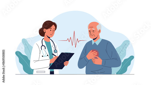 Cardiologist or female doctor providing a medical consultation to an elderly male patient experiencing heart problems or chest pain.