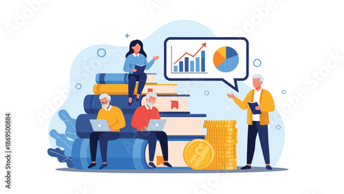 Senior citizens learning about financial literacy and retirement planning, sitting on giant books with charts, graphs, and money icons.