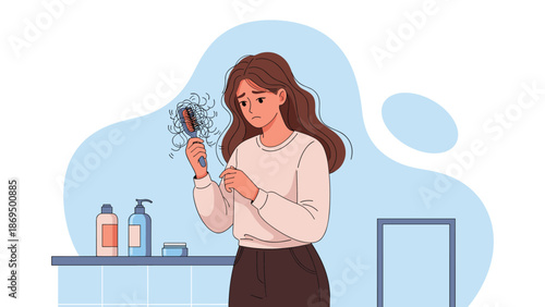 Sad young woman looking at a hairbrush full of fallen hair, worried about hair loss, alopecia, or thinning in the bathroom.