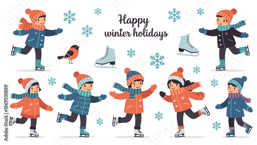 Set of cute children in warm winter clothes ice skating and having fun, with snowflakes and a 'Happy winter holidays' message.