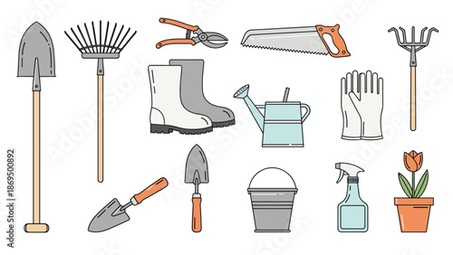 Set of essential gardening tools including a shovel, rake, watering can, gloves, and pruning shears, for farming and planting.