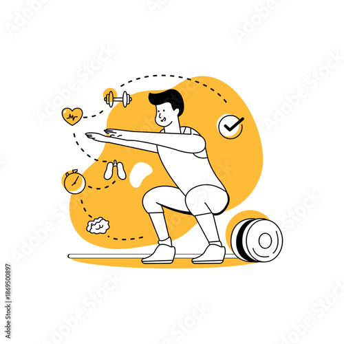 Home workout and exercise routine indoors in flat outline illustration style