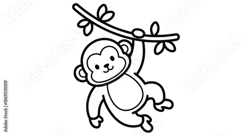 Cute Monkey Hanging on a Tree Branch Line Art.