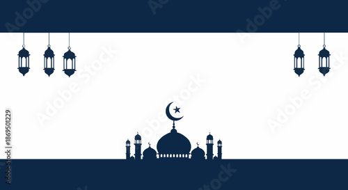 Eid Mubarak Navy Blue Background with Mosque Silhouette