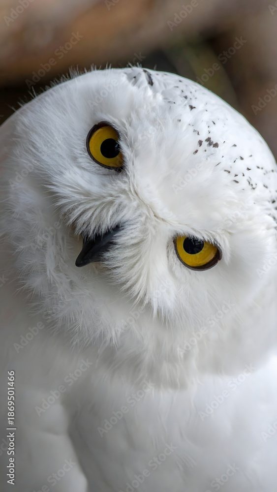 Obraz premium Snowy owl with piercing yellow eyes looking ahead