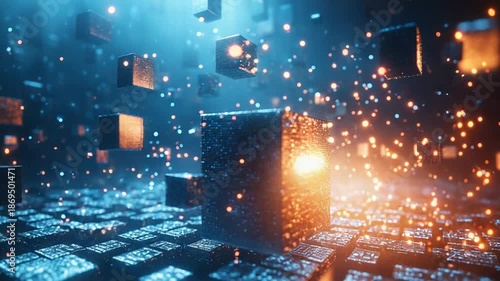 Digital data cubes visualizing blockchain and global networks, streaming encrypted information across a futuristic, interconnected system of big data, cloud, and ai driven analysis