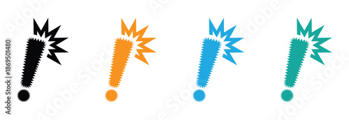 Alert and Warning Icon Set. Exclamation Mark Symbols. Vibrant exclamation mark icons in four colors on white background.