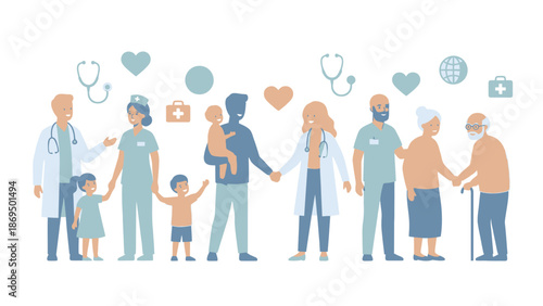 Diverse group of healthcare professionals assisting patients of all ages.