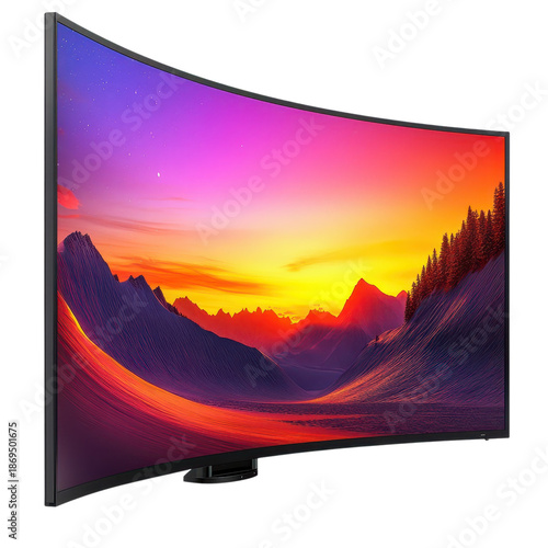 Curved widescreen computer monitor with colorful gradient display isolated on Transparent Background