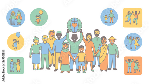 Diverse group of people holding the globe celebrating unity and diversity.