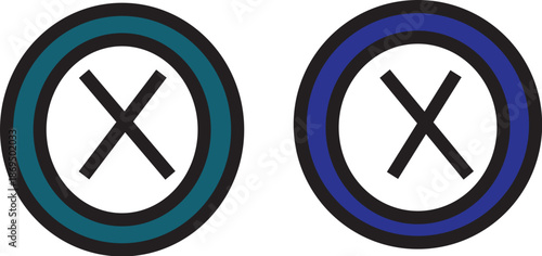 Close button in circle, black and blue cross icon symbol vector, illustration.
