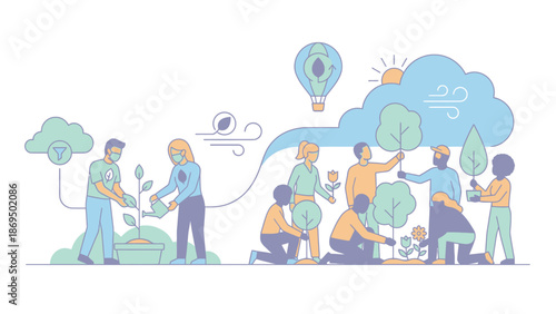 Diverse group of people planting trees and plants together.