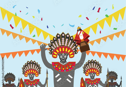 Merrymakers with tribal costume raises up a figurine of the Sto. Nino or image of baby jesus as a symbol for Sinulog, Dinagyang or Ati-atihan festivals in the Philippines. Editable Clip Art.