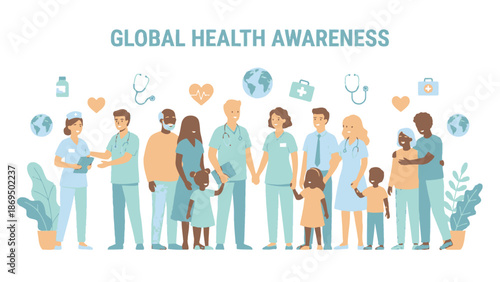 Diverse group of people representing global health awareness and medical professionals.