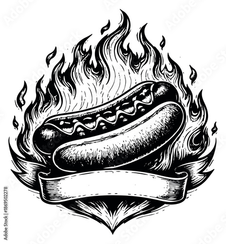 Hand drawn line art illustration of a hot dog depicting a grilled hot dog with flames and a ribbon banner for a food menu design or branding