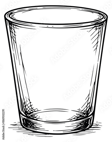Hand drawn line art illustration of an empty drinking glass depicting it ready for drinks for bar or kitchen concepts