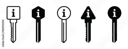 Collection of keys lock unlock. Information keys for unlocking knowledge and solutions. old key black silhouette vector isolated on white background.
