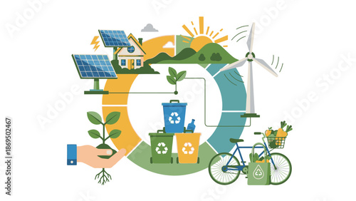 Sustainable lifestyle illustration showcasing eco-friendly practices, renewable energy, and green transportation in a circular environment from a panoramic viewpoint