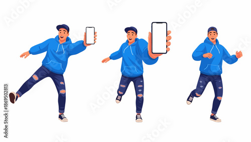 A young man in a blue hoodie and ripped jeans holding a smartphone with a blank screen, depicted in three different poses.