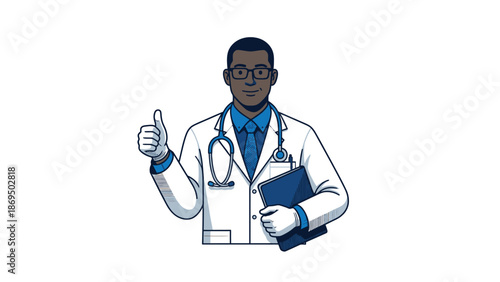 Doctor giving a thumbs up with a stethoscope and clipboard.