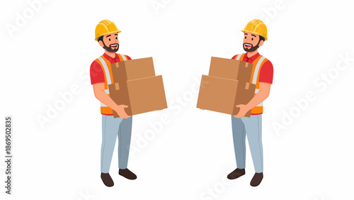 Two male workers in hard hats and safety vests carrying cardboard boxes.