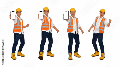 Four poses of a young male construction worker in safety gear, holding a smartphone, on a white background.