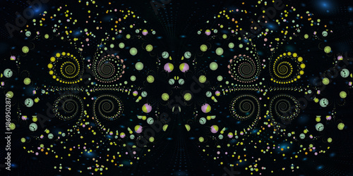 Widescreen abstract geometric fractal space background with shining stars, planets, nebulae spirals. Dark blue galaxy cosmos backdrop.