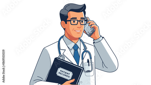 Doctor on Phone Holding Patient Records Book.