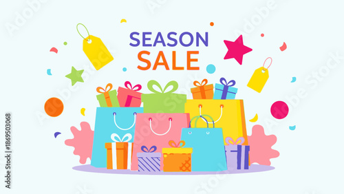 Vibrant shopping bags and colorful presents arranged for a festive season sale event indoors.