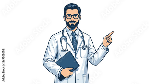 Doctor pointing with clipboard and stethoscope.