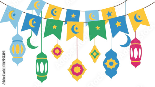 Colorful Islamic lanterns and flags hanging from a string, celebrating a festive occasion with a traditional and cultural atmosphere.