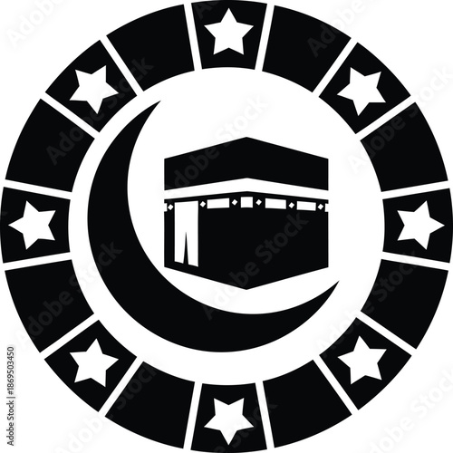 Islamic kaaba icon with crescent moon and stars in circular border for hajj pilgrimage vector illustration.