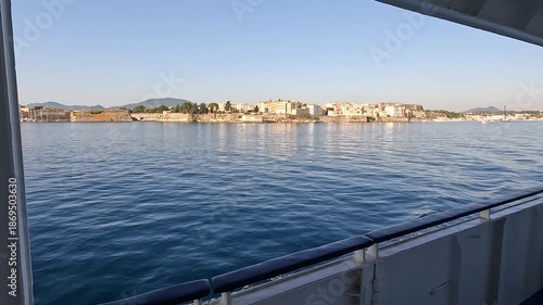 View from a boat approaching Corfu Town, Greece