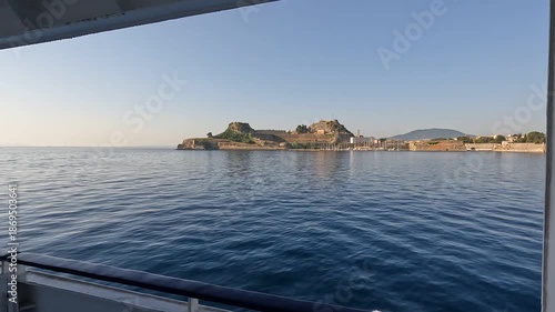 View from a boat approaching Corfu Town, Greece