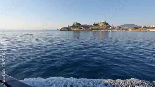 View from a boat approaching Corfu Town, Greece