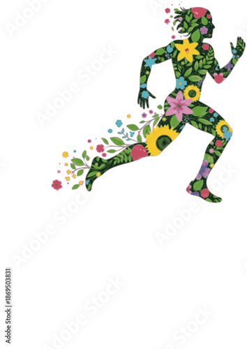 Petal Power Mental Health Renewal Silhouette. Runner with Floral Motifs for 2026 Wellness, Burnout Recovery and Organic Growth Concept Vector.