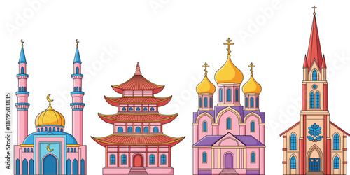 Flat vector illustration set of diverse world religious buildings including a mosque pagoda orthodox cathedral and gothic church,