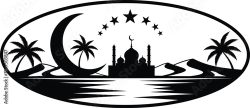 Islamic mosque silhouette with crescent moon and stars in oval frame vector illustration for ramadan.