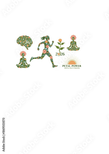 Petal Power Mental Health Renewal Silhouette. Runner with Floral Motifs for 2026 Wellness, Burnout Recovery and Organic Growth Concept Vector.